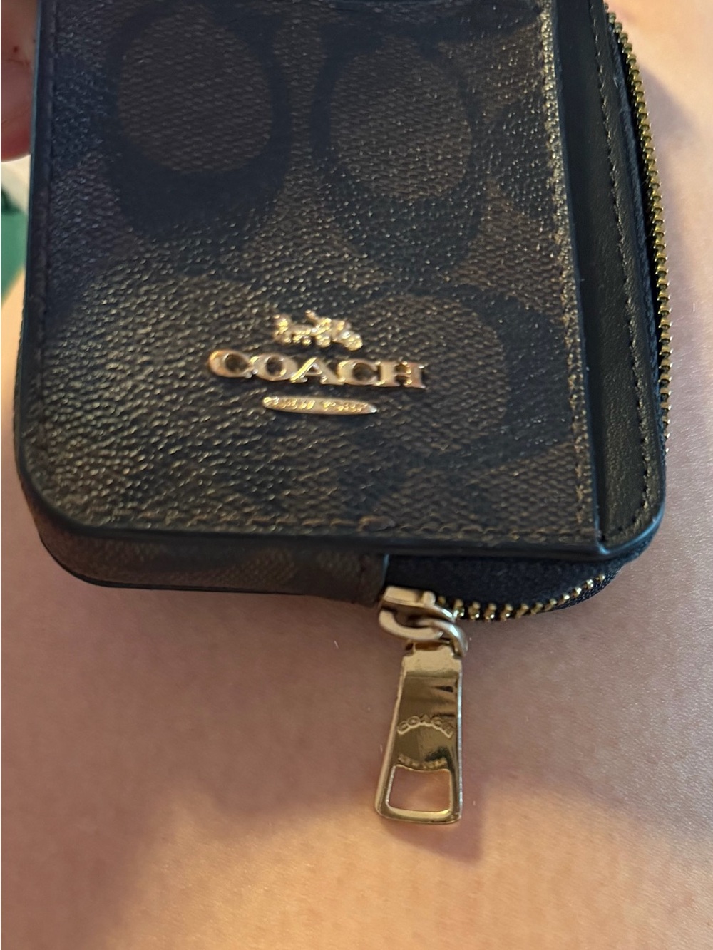 Coach Black Signature Zip Card Case with Gold Logo and Hardware